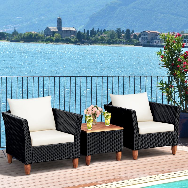 Tangkula 3-Piece Wicker Patio Furniture Set Outdoor Conversation Set w/ Cushions & Coffee Table, 3 of 11