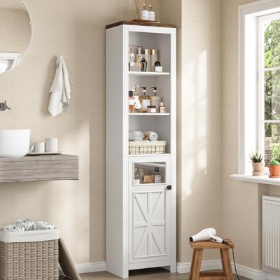 Freestanding Narrow Tall Storage Cabinet with Door and Adjustable Shelves, White