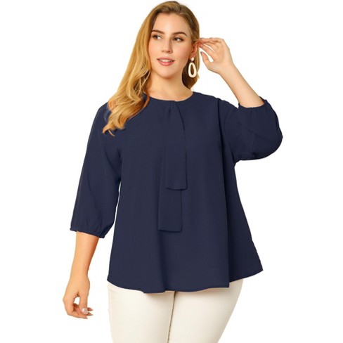 Agnes Orinda Women's Plus Size 3/4 Sleeves Round Neck Ruffle Chiffon Work  Blouse Navy Blue 1X