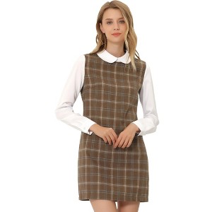 Allegra K Women's Contrast Peter Pan Collar Long Sleeve Above Knee Shift Plaid Dress - 1 of 4