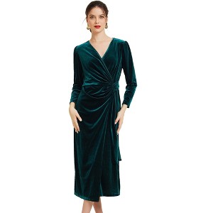 Allegra K Women's Velvet Wrap V Neck Evening Party Maxi Cocktail Dress - 1 of 4