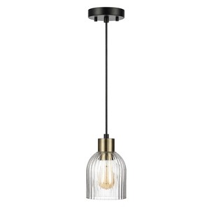 Globe Electric 1-Light Matte Black Pendant Light with Ribbed Glass Shade and Matte Brass Accent: ETL Listed, Adjustable Height, No Bulb Included - 1 of 4