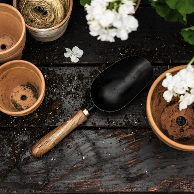 Walnut and Black Stainless Steel Garden Scoop with Ergonomic Handle