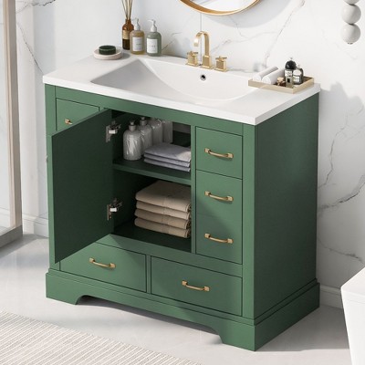 NicBex 36'' Bathroom Storage Cabinet with Sink, Bathroom Vanity, 1 Spacious Cabinet Door with Adjustable Shelf, 6 Drawers for Bathroom, Green