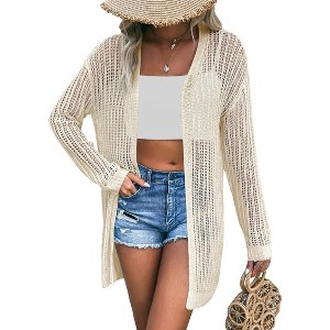 Clearlove Women's Lightweight Long Sleeve Open Front Beach Cover Up Crochet Lace Duster Cardigan Summer Boho Chic Shrug - 1 of 2