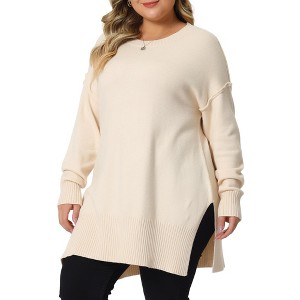 Agnes Orinda Women's Plus Size Crew Neck Long Sleeve Slit Hem Knit Pullover Sweaters - 1 of 4