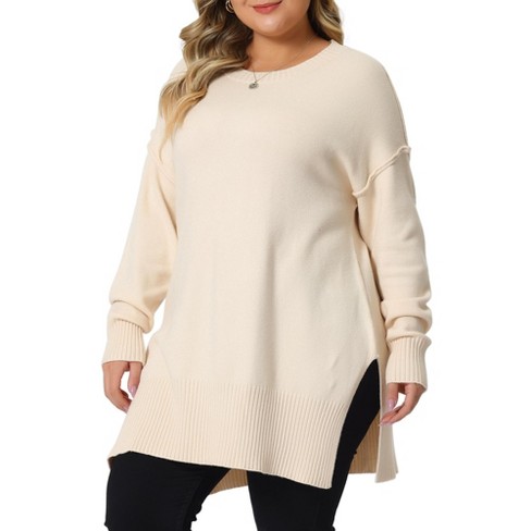 Agnes Orinda Women s Plus Size Oversized Crew Neck Long Sleeve Slit Hem Knit Pullover Sweater Tops 2023 Apricot 1X