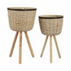 Set of 2 Wicker Planters on Stands - Handwoven Bamboo & Wood Decorative Plant Pots - Boho Garden Style for Home & Outdoor Use - 24", 20" White - 2 of 4