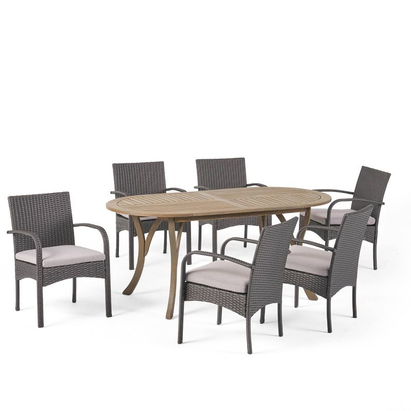 Mason 7pc Acacia Wood & Polyethylene Wicker Dining Set - Gray - Christopher Knight Home, Water-Resistant, Patio Furniture, 3 of 8