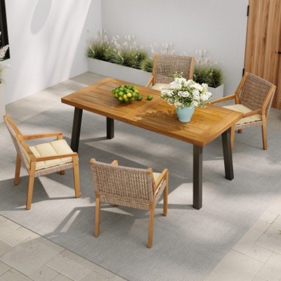 Outdoor Dining Set with Rectangular Acacia Wood Table and Stackable Wicker Chairs with Cushions for Patio, Deck or Backyard–The Pop Home