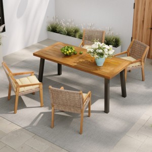 Outdoor Dining Set with Rectangular Acacia Wood Table and Stackable Wicker Chairs with Cushions for Patio, Deck or Backyard–The Pop Home - 1 of 4