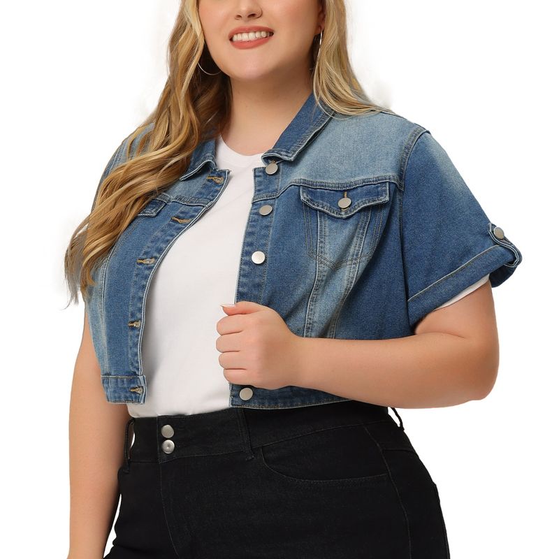 Agnes Orinda Women's Plus Size Button Front Trendy Washed Rolled Sleeves Cropped Jean Jackets, 2 of 7