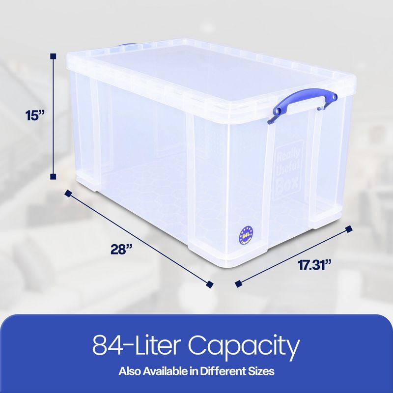 Really Useful Box 84 Liters Storage Container with Snap Lid and Clip Lock Handle for Lidded Home and Item Storage Bins, Clear, 3 of 7