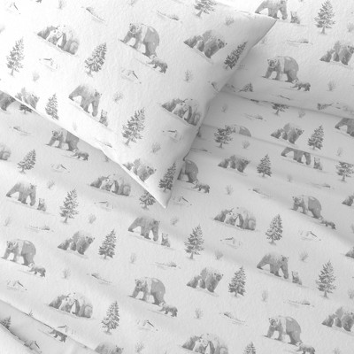 Gray Cotton Flannel Full Sheet Set with Polar Bear Print