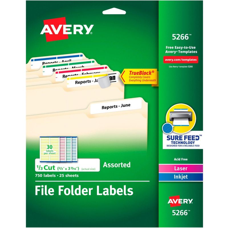 Avery Printable File Folder Labels, 2/3 x 3-7/16 Inches, Assorted Colors, Pack of 750, 1 of 2
