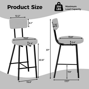 Bar Stool Chairs Set of 2, Modern Upholstered Counter Height Barstools with Round Seat, Armless Bar Chair with Back, Footrest and Metal Legs - 1 of 4