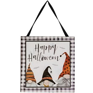 Slickblue Halloween Home Décor – "Happy Halloween" Wooden Sign with Gnomes, 7" x 7", Black Fabric Hanger - 1 of 3