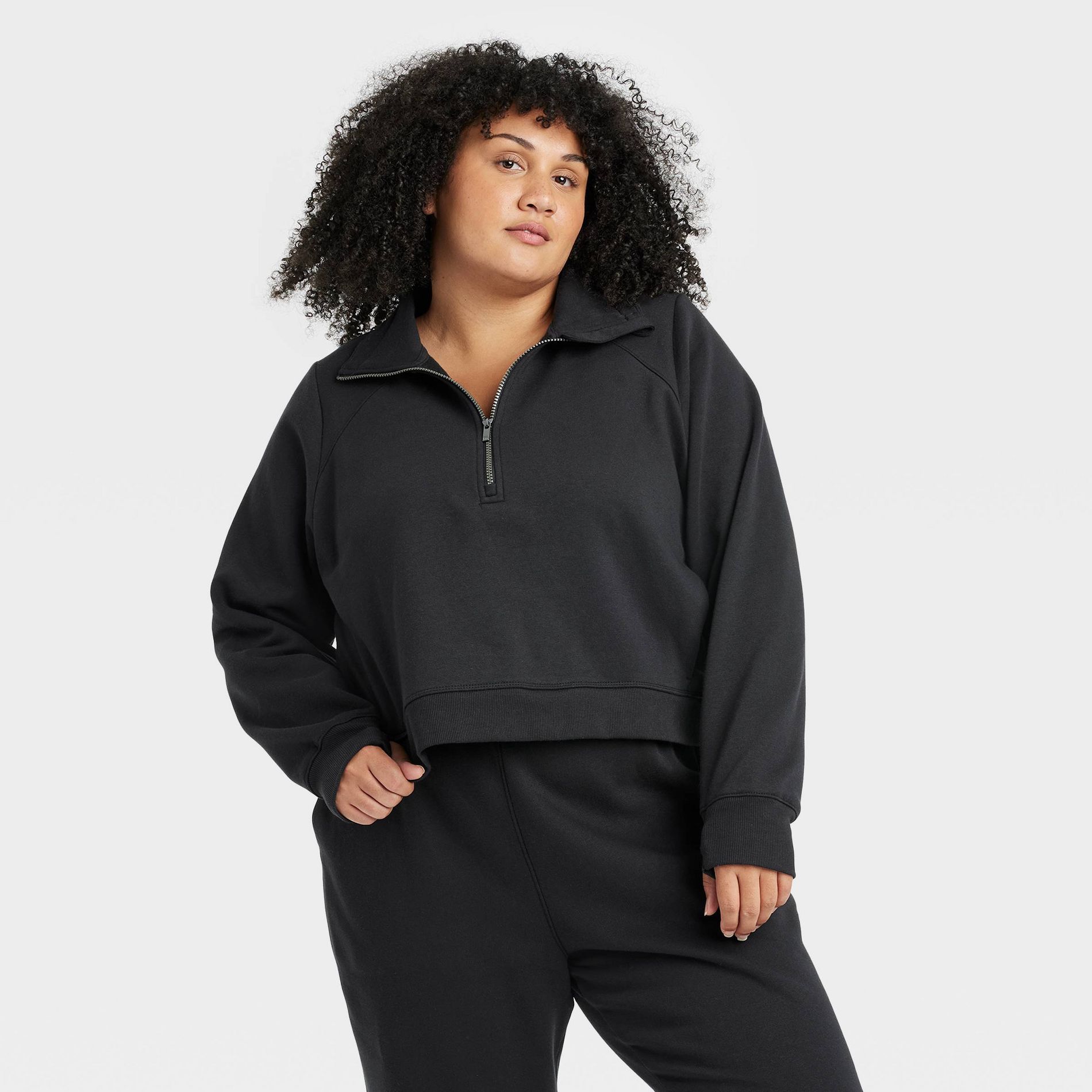 Women's Fleece Half Zip Pullover Sweatshirt - All In Motion™ Black XXL: Relaxed Fit, Lightweight, Seam Pocket
