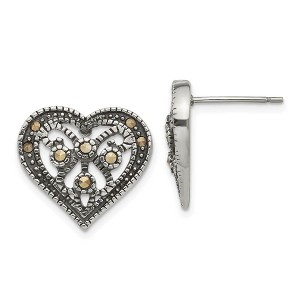 Black Bow Jewelry 17mm Marcasite Scroll Heart Post Earrings in Antiqued Stainless Steel - 1 of 4