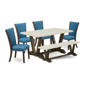 HomeStock 6-Piece Rectangle Distressed Jacobean Finish Solid Wood Top Dining Table with 1-Bench, 4-Chairs - 1 of 4
