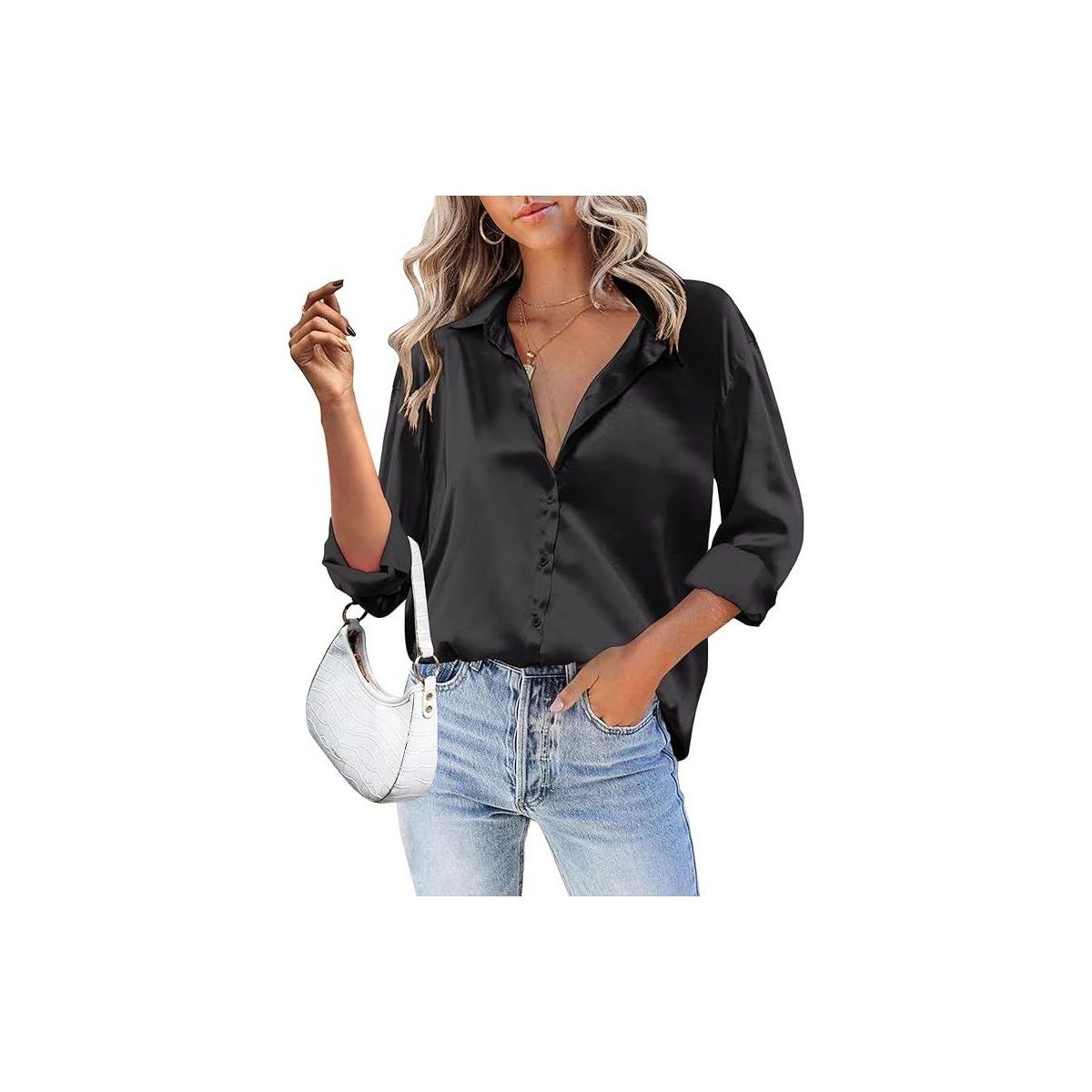 Zeagoo Women Satin Silk Button Down Shirt Ladies Long Sleeve Tops V Neck Loose Blouse Dressy Business Casual Work Tunic Fall