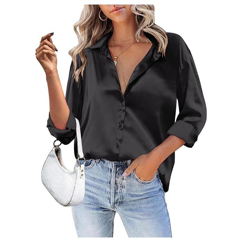 Zeagoo Women Satin Silk Button Down Shirt Ladies Long Sleeve Tops V Neck Loose Blouse Dressy Business Casual Work Tunic Fall Black S