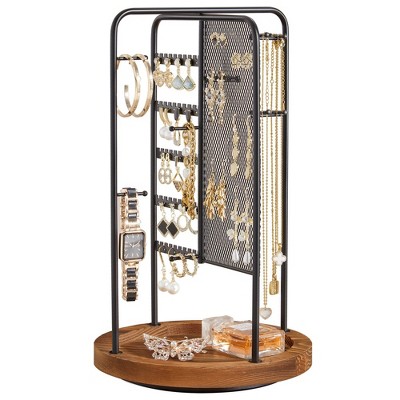 SONGMICS Jewelry Stand, Rotating Jewelry Display, 4 Independent Sections, Metal Frame, with Bottom Tray, Jewelry Organizer