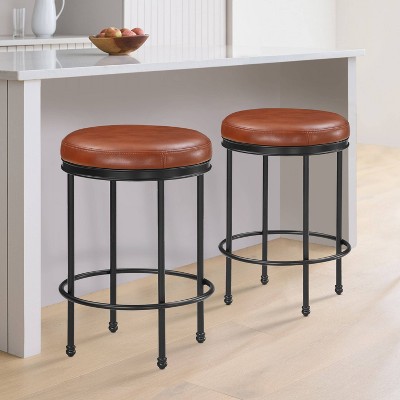 Montecarlo Adjustable Black Metal & Caramel Faux Leather Backless Stool