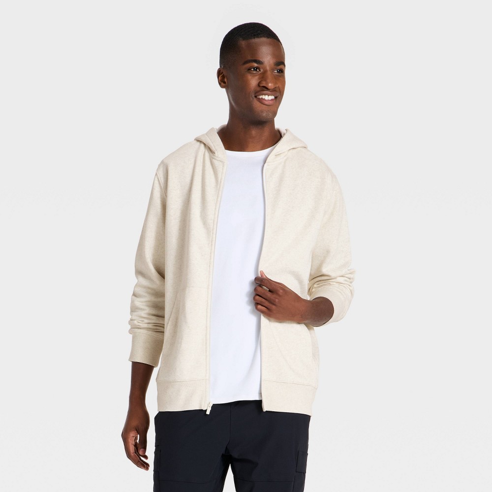 Men's Active Comfort Cotton Fleece Full-Zip Hooded Sweatshirt - All In Motion™ Heather Cream XS