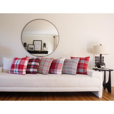 Traditional Check Gray Red Green Cotton Square Throw Pillow