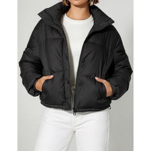Women Stand Collar Zip Up Cropped Puffer Jacket Long Sleeve Winter Warm ...