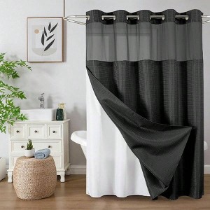 No Hook Waffle Shower Curtain with Snap in Fabric Waterproof Hotel Luxury Heavy Duty Black 72x75 Inch - 1 of 4