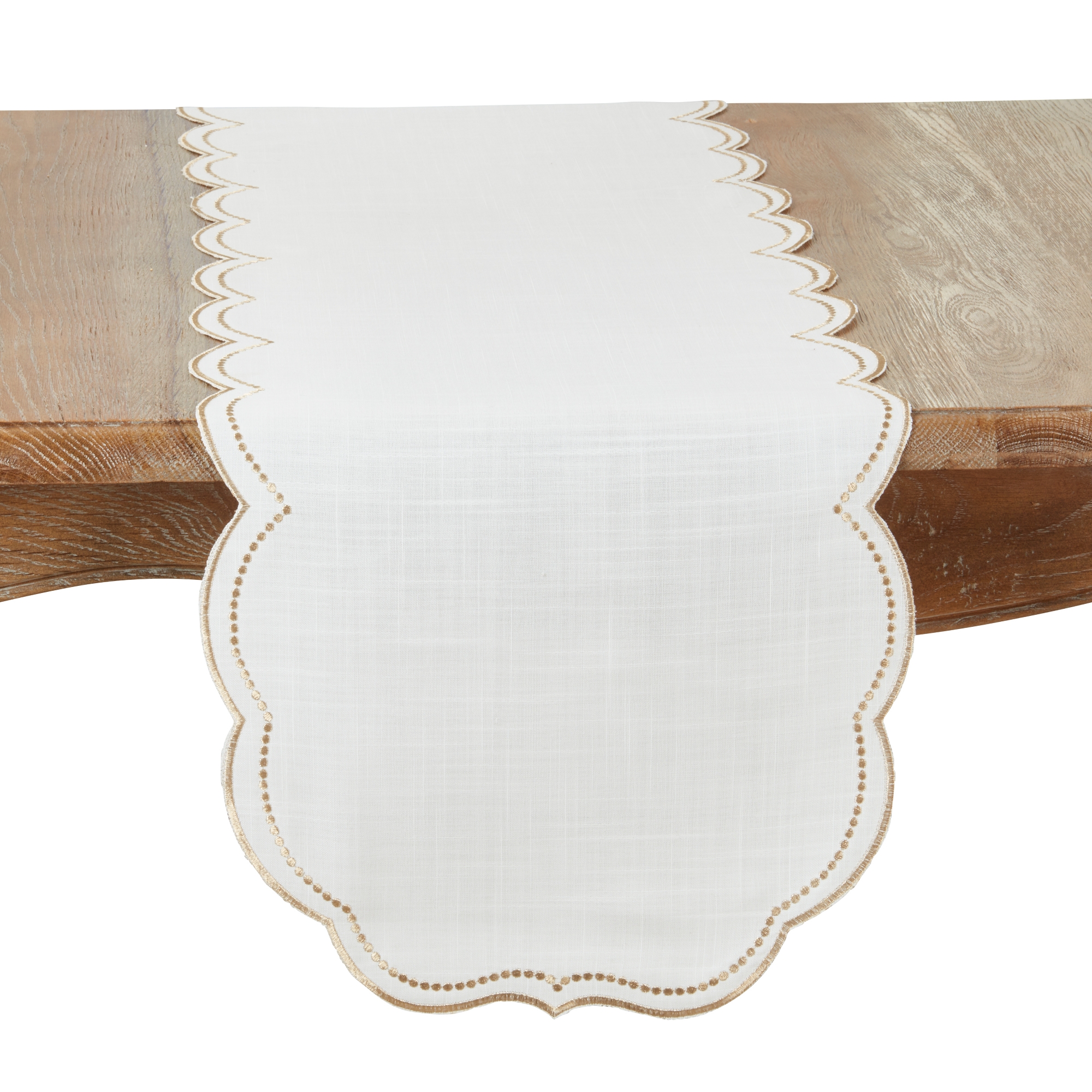 Saro Lifestyle Embroidered Polka Dot Table Runner w/ Scallop Edge, 16"x70", Gold