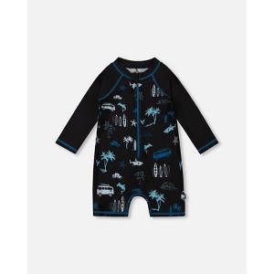 Deux par Deux Boy Printed Long Sleeve Rashguard Light Blue Beach on Black - 1 of 4