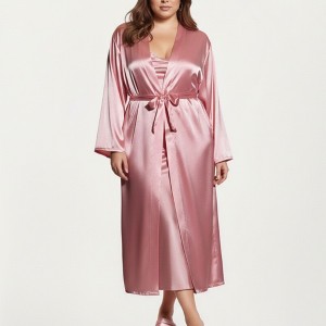 Anna-Kaci Lounge Women's PLus Size Satin Robe and Slip Set with Smooth Draping Fabric and Elegant Silhouette - 1 of 4