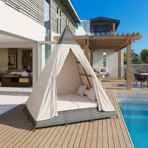 Whisen Outdoor Sunbed With Colorful Pillows, Tent Shape Wicker Patio Daybed With Cushions - 1 of 4