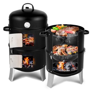KTMBDW Vertical Steel Charcoal Smoker, Heavy Duty Double Layer Round BBQ Grill for Outdoor Cooking, Black - 1 of 4
