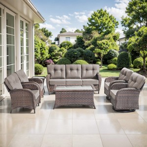 Belord Brown Wicker 7 Piece Patio Furniture Set with 5" Thick Cushions, Outdoor Patio Furniture Set with Swivel Gliding Rocker Chairs and Club Chairs - 1 of 4