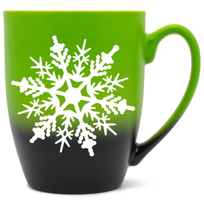 Elanze Designs Snowflake Bold Line Two Toned Ombre Matte Green and Black 12 ounce Ceramic Stoneware Coffee Cup Mug