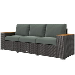 3-Seat Outdoor Patio Sofa with Cushions, PE Rattan Wicker Sofa with Wide Armrests, Outdoor Wicker Couch - 1 of 4