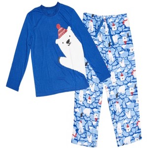 Casual Nights Junior Holiday 2 Piece Jersey Top and Micro Fleece Pants Pjs Set - Blue Polar Bear - X-Small - 1 of 4