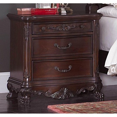 ORRD 3 Drawer Engraved Wooden Nightstand, Brown
