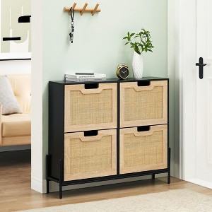 WhizMax Rattan 4 Flip Door Shoe Cabinet, 3-Tier Adjustable Shelves, Freestanding, White - 1 of 4