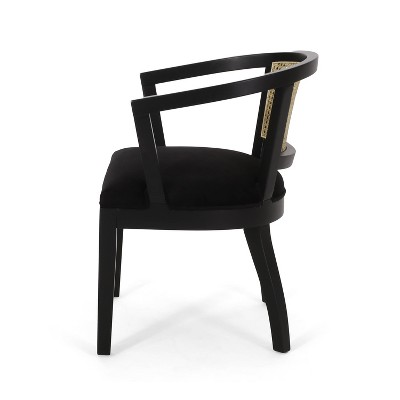 Black Velvet and Cane Upholstered Arm Chairs with Wood Frame