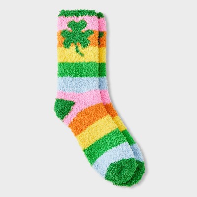 Women's Striped Rainbow Shamrock St. Patrick's Day Cozy Crew Socks - Green 4-10