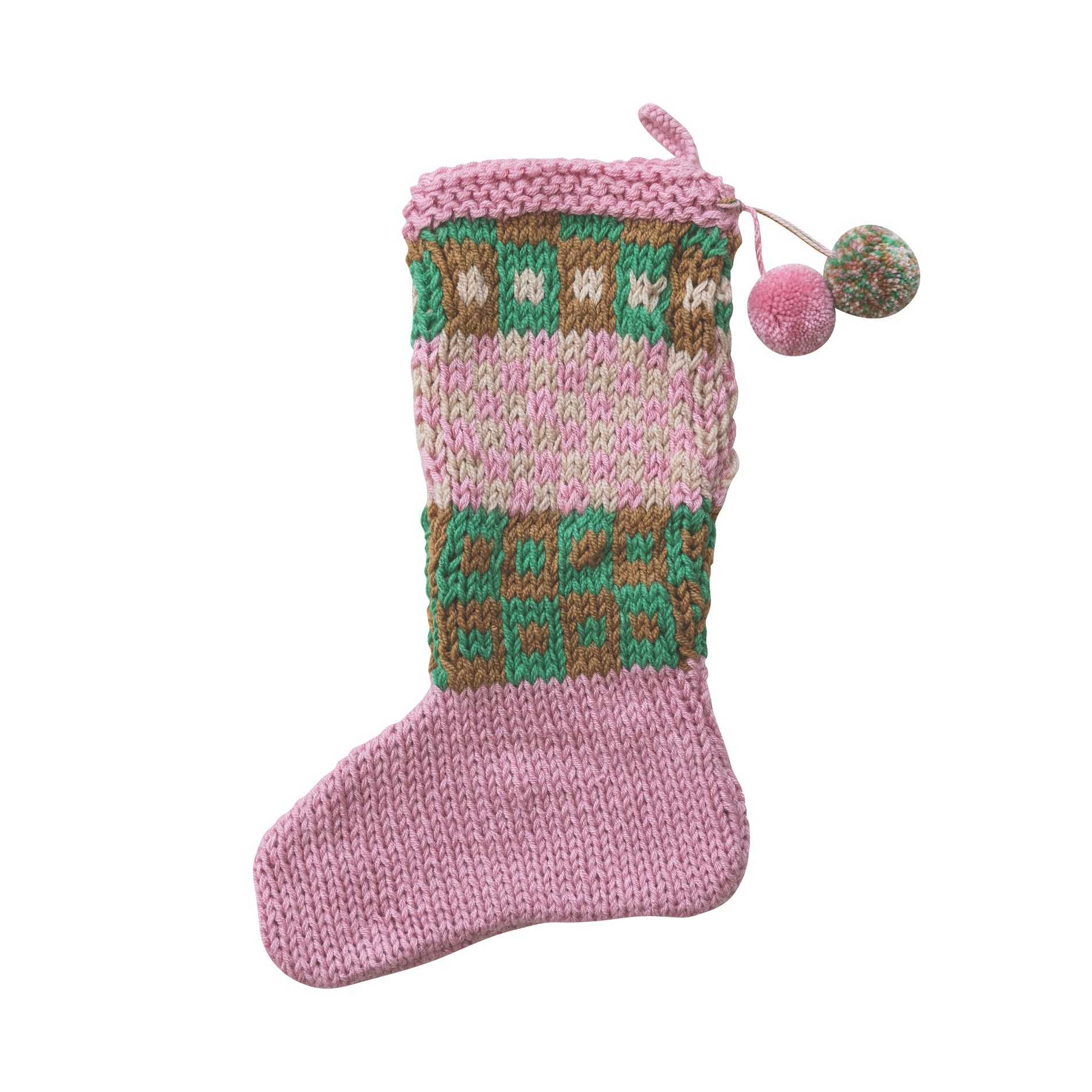 Storied Home Acrylic Crocheted Stocking with Pattern and Pom Poms, Multicolor