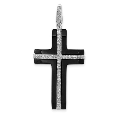 Black Bow Jewelry 14k White Gold 1/4 Ctw Diamond & Onyx Cross Pendant, 20 x 40mm