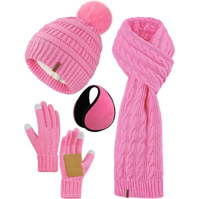 ZUPPAD 4-in-1 Women Winter Beanie Hat Scarf Touchscreen Gloves Ear Warmer Set Fleece Lined Warm Knit Skull Cap with Pom Pom