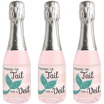 Big Dot of Happiness Trading The Tail For A Veil - Mini Wine & Champagne Bottle Label Stickers - Mermaid Bachelorette Bridal Shower Favor Gift - 16 Ct