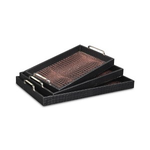 HomeRoots Set of Three Brown Rectangular Wood Handmade Serving Tray With Handles - 1 of 4